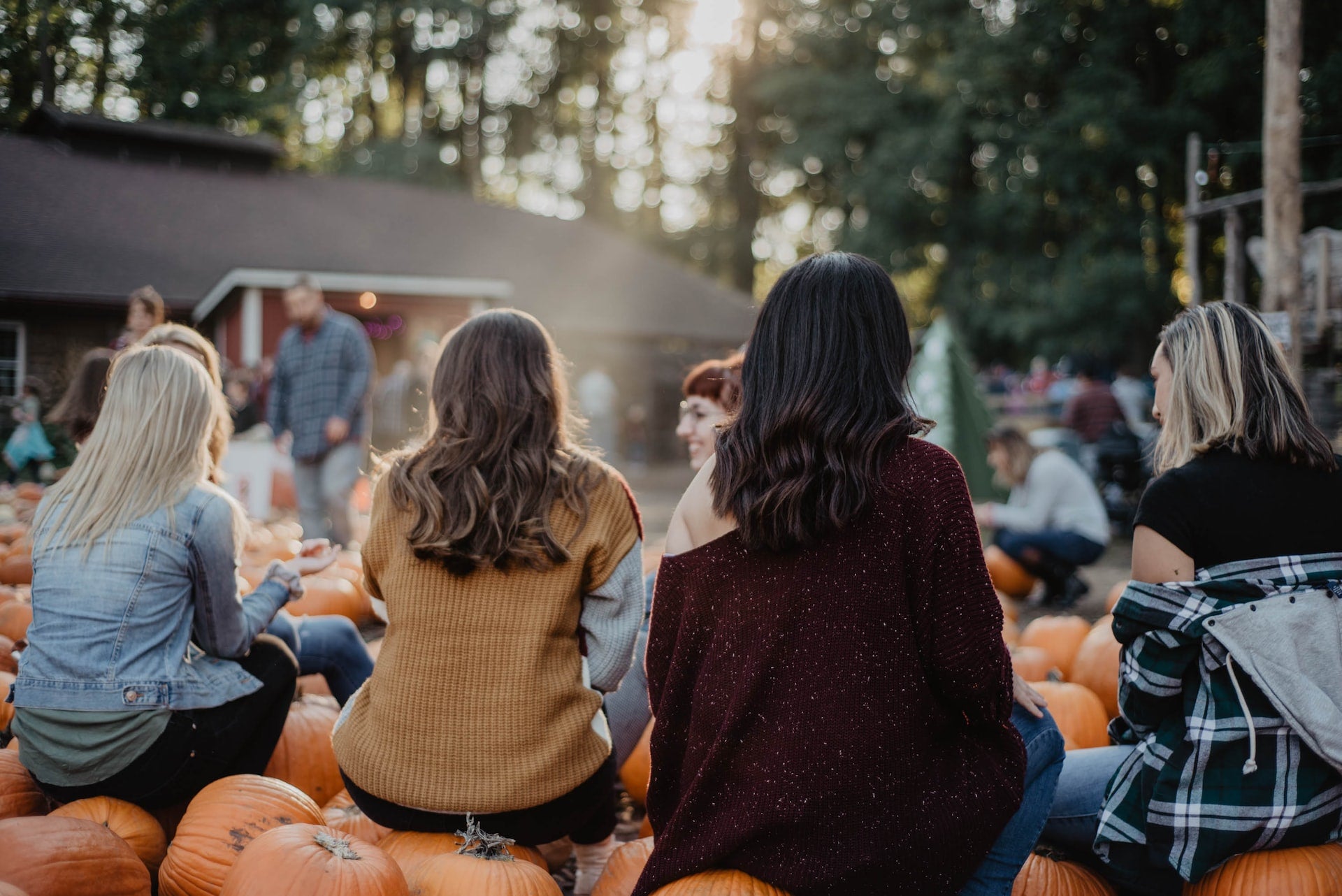 A group of girlfriends sitting on pumpkins in a pumpkin patch on a sunny day