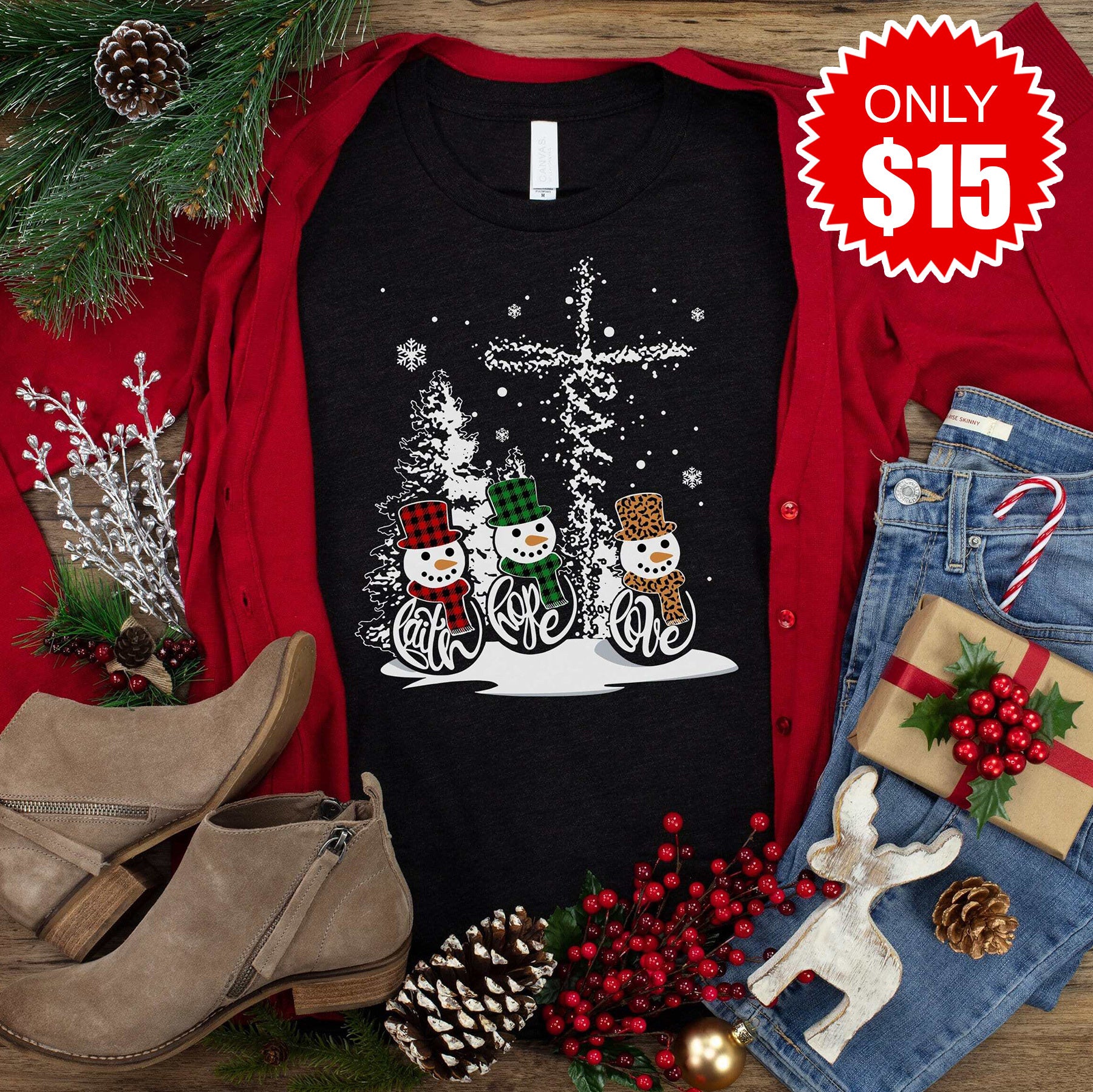 Faith Hope Love Snowmen Tee - Black -  15