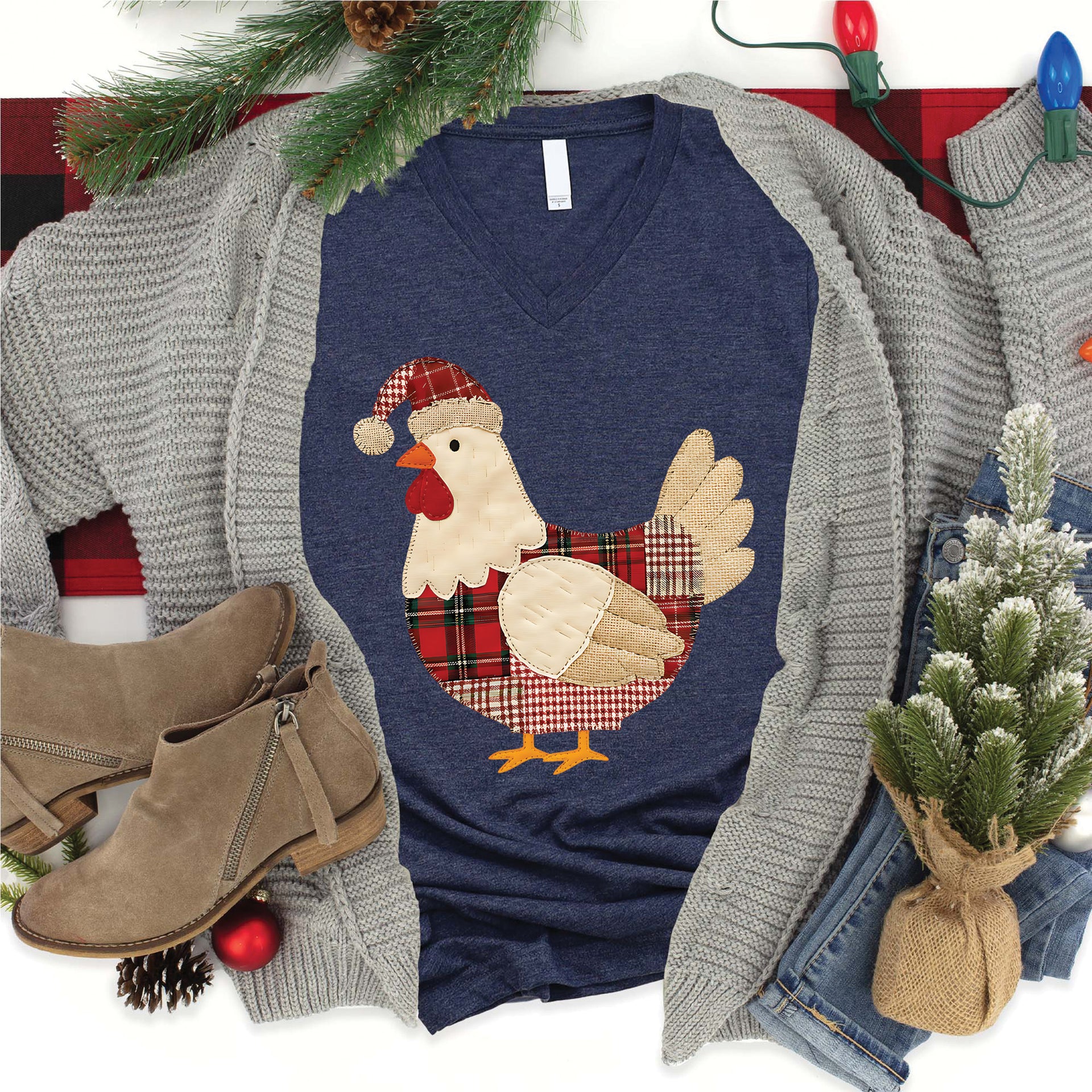 Christmas Patch Chicken V-Neck