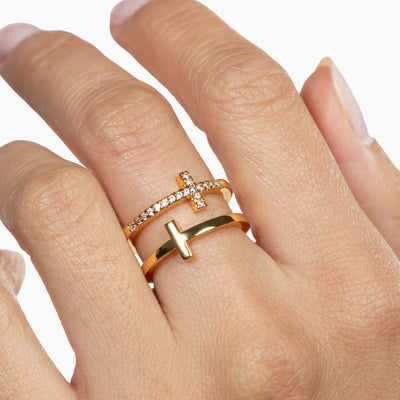 Double Cross Gold Plated Brass Ring