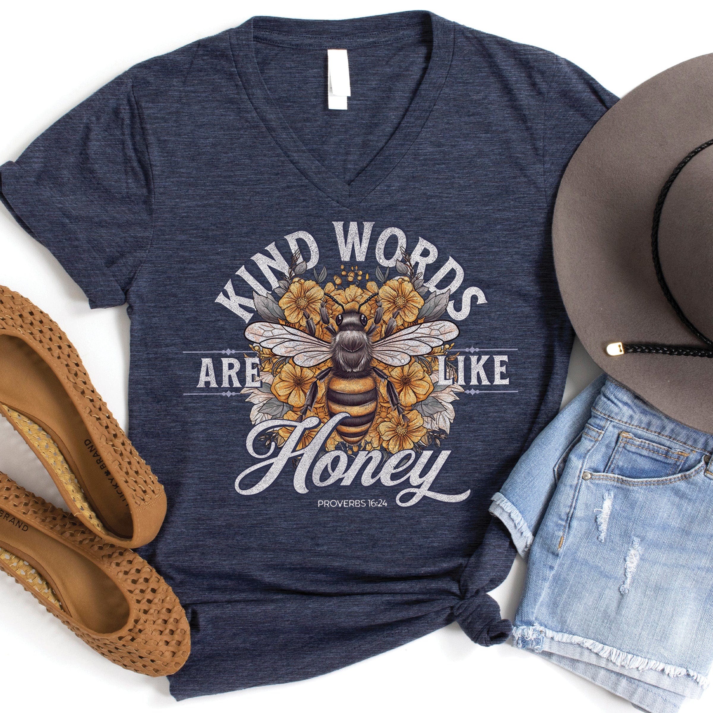 Kind Words Are Like Honey  | V-Neck | Heather Navy | Layflat | 3532