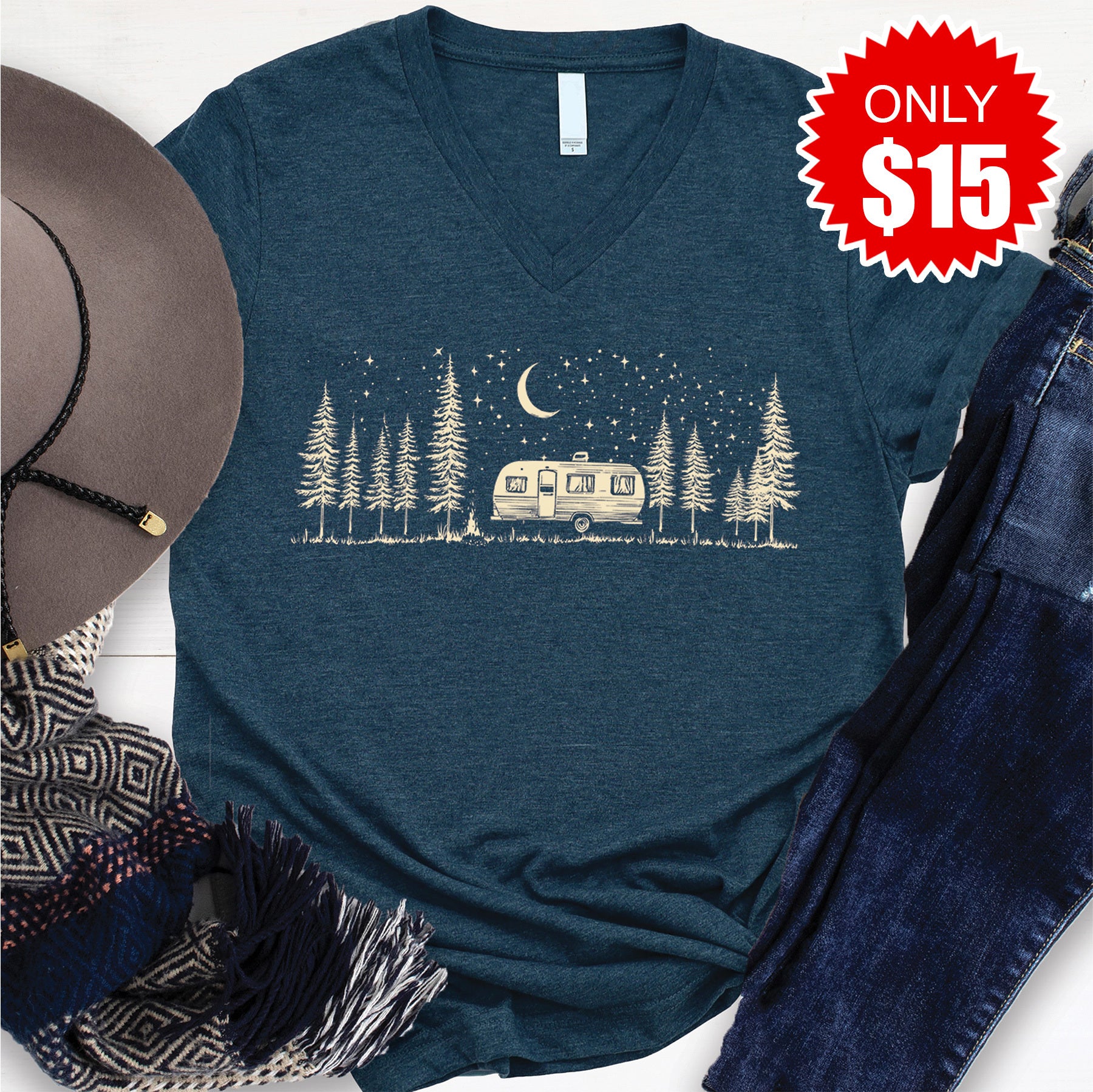 Camping Life V-Neck - Heather Atlantic - 15